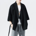 Buddha Stones Casual Plain Tang Suit Open Front Jacket Cotton Linen Men's Kimono - Black - US/UK/AU48，EU58(5XL) - image 10