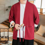 Buddha Stones Lace-Up Design Open Front Jacket Cotton Linen Men's Kimono With Pockets - Crimson - US/UK/AU46，EU56 (5XL) - image 22