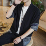 Buddha Stones Ethnic Printing Patchwork Design Open Front Jacket Cotton Linen Men's Kimono - image 7