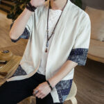 Buddha Stones Ethnic Printing Patchwork Design Open Front Jacket Cotton Linen Men's Kimono - image 17