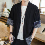 Buddha Stones Ethnic Printing Patchwork Design Open Front Jacket Cotton Linen Men's Kimono - image 3