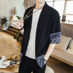 Buddha Stones Ethnic Printing Patchwork Design Open Front Jacket Cotton Linen Men's Kimono - image 2