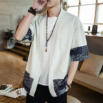 Buddha Stones Ethnic Printing Patchwork Design Open Front Jacket Cotton Linen Men's Kimono - image 14