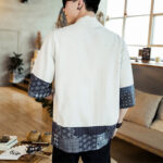 Buddha Stones Ethnic Printing Patchwork Design Open Front Jacket Cotton Linen Men's Kimono - image 15
