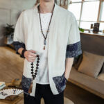 Buddha Stones Ethnic Printing Patchwork Design Open Front Jacket Cotton Linen Men's Kimono - image 11