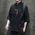 Buddha Stones Jacquard Bamboo Pattern Chinese Frog-Button Stand Collar Tang Suit Men's Cotton Shirt - image 3