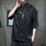 Buddha Stones Jacquard Bamboo Pattern Chinese Frog-Button Stand Collar Tang Suit Men's Cotton Shirt - image 4