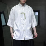 Buddha Stones Jacquard Bamboo Pattern Chinese Frog-Button Stand Collar Tang Suit Men's Cotton Shirt - image 12