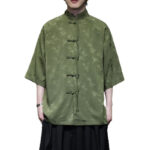 Buddha Stones Jacquard Bamboo Pattern Chinese Frog-Button Stand Collar Tang Suit Men's Cotton Shirt - image 26