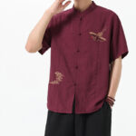 Buddha Stones Vintage Embroidery Buttons Design Stand Collar Men's Cotton Shirt - image 3