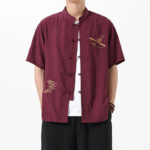 Buddha Stones Vintage Embroidery Buttons Design Stand Collar Men's Cotton Shirt - Brown - US/UK/AU42，EU52 (3XL) - image 1