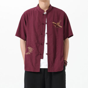 Buddha Stones Vintage Embroidery Buttons Design Stand Collar Men's Cotton Shirt - Brown - US/UK/AU42，EU52 (3XL) - image 1