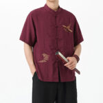 Buddha Stones Vintage Embroidery Buttons Design Stand Collar Men's Cotton Shirt - image 6