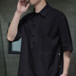 Buddha Stones Commute Plain Half Buttons Design Men's Cotton Linen Shirt With Pocket - image 14