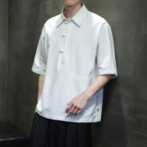 Buddha Stones Commute Plain Half Buttons Design Men's Cotton Linen Shirt With Pocket - White - US/UK/AU46，EU56 (5XL) - image 1