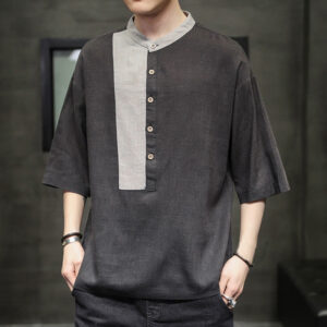 Buddha Stones Summer Half Buttons Color Matching Design Half Sleeve Men's Cotton Linen Shirt - SlateGray - US/UK/AU46，EU56 (5XL) - image 1