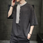 Buddha Stones Summer Half Buttons Color Matching Design Half Sleeve Men's Cotton Linen Shirt - image 4