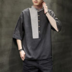 Buddha Stones Summer Half Buttons Color Matching Design Half Sleeve Men's Cotton Linen Shirt - image 6