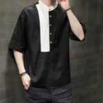 Buddha Stones Summer Half Buttons Color Matching Design Half Sleeve Men's Cotton Linen Shirt - image 15