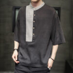 Buddha Stones Summer Half Buttons Color Matching Design Half Sleeve Men's Cotton Linen Shirt - image 3