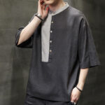 Buddha Stones Summer Half Buttons Color Matching Design Half Sleeve Men's Cotton Linen Shirt - image 2