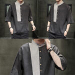 Buddha Stones Summer Half Buttons Color Matching Design Half Sleeve Men's Cotton Linen Shirt - image 9