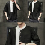 Buddha Stones Summer Half Buttons Color Matching Design Half Sleeve Men's Cotton Linen Shirt - image 16