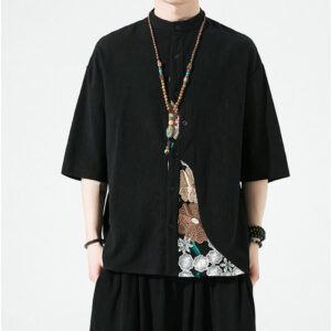 Buddha Stones Embroidery Patchwork Simple Design Three Quarter Sleeve Men's Cotton Linen Shirt