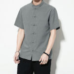 Buddha Stones Casual Solid Color Front Frog Buttons Chinese Tang Suit Short Sleeve Linen Men's Shirt - image 38