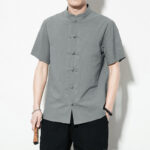 Buddha Stones Casual Solid Color Front Frog Buttons Chinese Tang Suit Short Sleeve Linen Men's Shirt - image 31