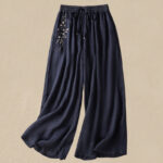 Buddha Stones Commute Embroidery Drawstring Women's Cotton Wide Leg Pants With Pockets - MidnightBlue - US8-10，UK/AU12-14，EU40-42 (2XL) - image 1