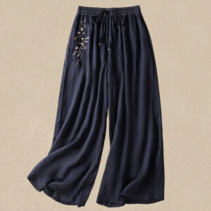 Buddha Stones Commute Embroidery Drawstring Women's Cotton Wide Leg Pants With Pockets - MidnightBlue - US8-10，UK/AU12-14，EU40-42 (2XL) - image 1
