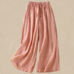 Buddha Stones Commute Embroidery Drawstring Women's Cotton Wide Leg Pants With Pockets - Coral - US8-10，UK/AU12-14，EU40-42 (2XL) - image 18