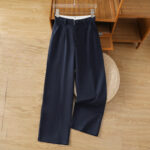 Buddha Stones Casual Hollow Lace Waistband Design Women's Cotton Linen Wide Leg Pants With Pockets - MidnightBlue - US12，UK/AU16，EU44 (3XL) - image 1