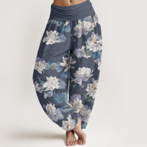 Buddha Stones Casual Elegant Lotus Print Design Women's Elastic Waist Harem Pants - LightSlateGray - US22，UK/AU26，EU54 (6XL) - image 1