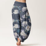 Buddha Stones Casual Elegant Lotus Print Design Women's Elastic Waist Harem Pants - image 3