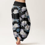 Buddha Stones Casual Elegant Lotus Print Design Women's Elastic Waist Harem Pants - image 10