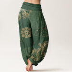 Buddha Stones Casual Golden Dragon And Auspicious Cloud Pattern Women's Elastic Waist Harem Pants - image 3