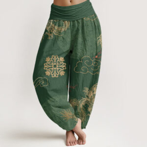 Buddha Stones Casual Golden Dragon And Auspicious Cloud Pattern Women's Elastic Waist Harem Pants - ForestGreen - US22，UK/AU26，EU54 (6XL) - image 1
