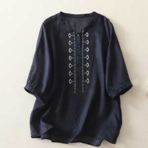 Buddha Stones Symmetrical Embroidery Cotton Linen Women's Half Sleeves Shirt - MidnightBlue - US8-10，UK/AU12-14，EU40-42 (2XL) - image 1