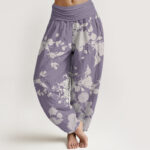 Buddha Stones Pure Cotton Blooming Budding Flowers Pattern Women's Elastic Waist Harem Pants - Plum - US22，UK/AU26，EU54 (6XL) - image 10