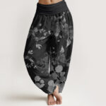 Buddha Stones Pure Cotton Blooming Budding Flowers Pattern Women's Elastic Waist Harem Pants - Black - US22，UK/AU26，EU54 (6XL) - image 1