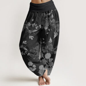 Buddha Stones Pure Cotton Blooming Budding Flowers Pattern Women's Elastic Waist Harem Pants - Black - US22，UK/AU26，EU54 (6XL) - image 1
