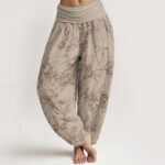 Buddha Stones Pure Cotton Flowers Pattern Women's Elastic Waist Harem Pants - Khaki - US22，UK/AU26，EU54 (6XL) - image 7