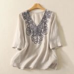 Buddha Stones Embroidered V-neck Casual Women's Cotton Linen Half Sleeve T-shirt - Beige - US14，UK/AU18，EU46 (2XL) - image 1