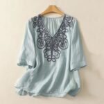 Buddha Stones Embroidered V-neck Casual Women's Cotton Linen Half Sleeve T-shirt - PaleTurquoise - US14，UK/AU18，EU46 (2XL) - image 7