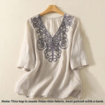 Buddha Stones Embroidered V-neck Casual Women's Cotton Linen Half Sleeve T-shirt - image 2