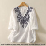 Buddha Stones Embroidered V-neck Casual Women's Cotton Linen Half Sleeve T-shirt - image 20