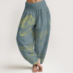 Buddha Stones Pure Cotton Golden Lotus Mandala Pattern Women's Elastic Waist Harem Pants - CadetBlue - US22，UK/AU26，EU54 (6XL) - image 1