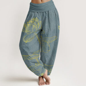 Buddha Stones Pure Cotton Golden Lotus Mandala Pattern Women's Elastic Waist Harem Pants - CadetBlue - US22，UK/AU26，EU54 (6XL) - image 1